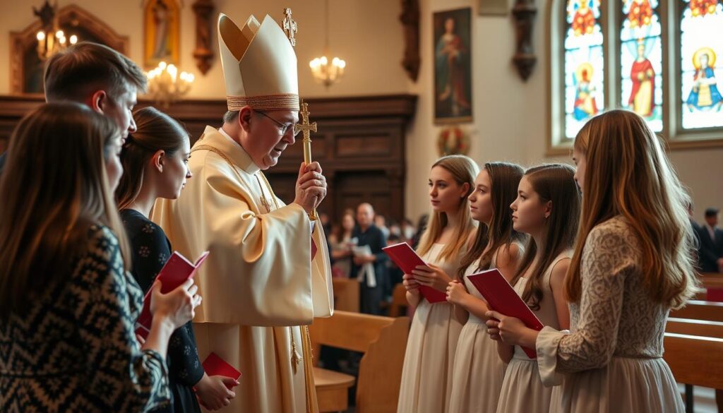 Ceremonia bierzmowania w kościele katolickim, gdzie młodzież przyjmuje imiona do bierzmowania