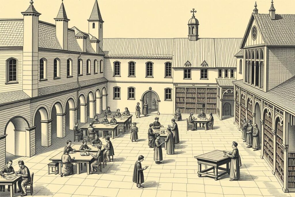 Historyczna ilustracja przedstawiająca kolegium jezuickie w XVI wieku