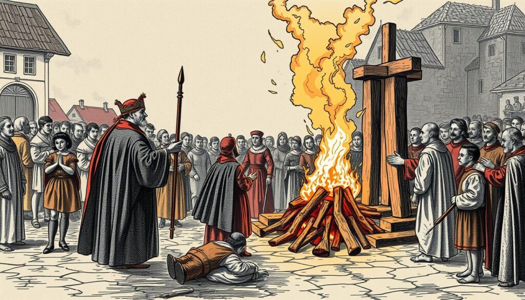 Historyczna ilustracja przedstawiająca spalenie heretyka na stosie