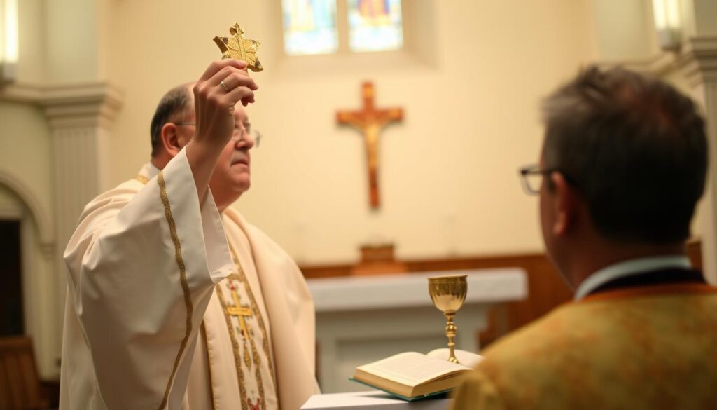 Kapłan podczas przeistoczenia w Liturgii Eucharystycznej Kapłan podczas przeistoczenia w Liturgii Eucharystycznej