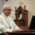 Kapłan przy komputerze symbolizujący pytanie o spowiedź przez internet