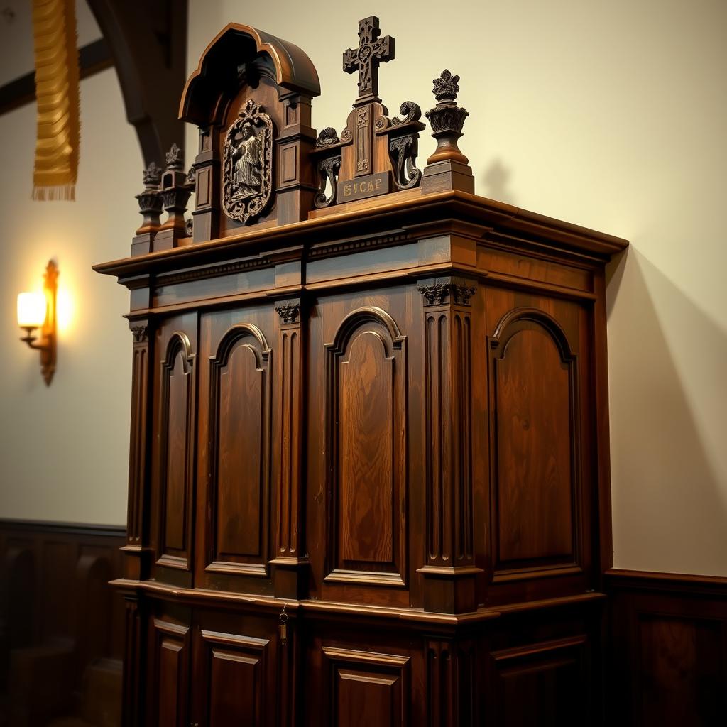 Konfesjonał w kościele symbolizujący tradycyjną spowiedź Konfesjonał w kościele symbolizujący tradycyjną spowiedź