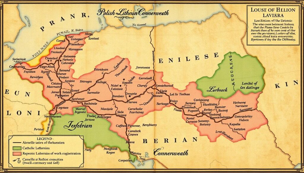 Mapa Rzeczypospolitej Obojga Narodów z zaznaczonymi ośrodkami różnych wyznań