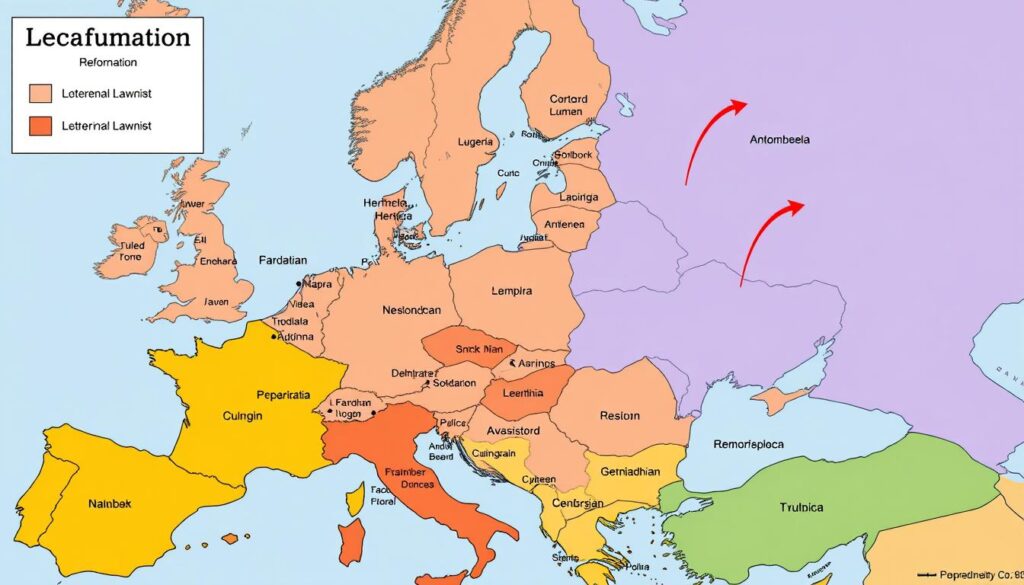 Mapa pokazująca rozprzestrzenianie się reformacji w Europie w XVI wieku