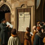 Marcin Luter przybijający 95 tez do drzwi kościoła w Wittenberdze, co zapoczątkowało protestantyzm a katolicyzm podział