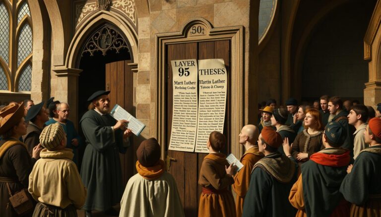Marcin Luter przybijający 95 tez do drzwi kościoła w Wittenberdze, co zapoczątkowało protestantyzm a katolicyzm podział