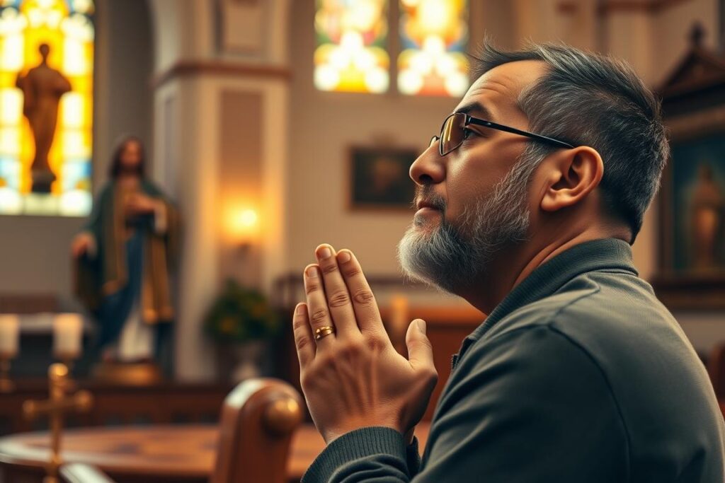 Mężczyzna modlący się do św. Józefa jako patrona szukających pracy