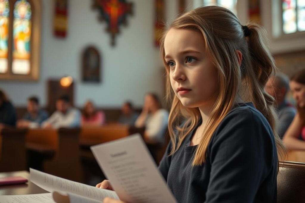 Młoda dziewczyna wybierająca imię do bierzmowania z listy imion świętych