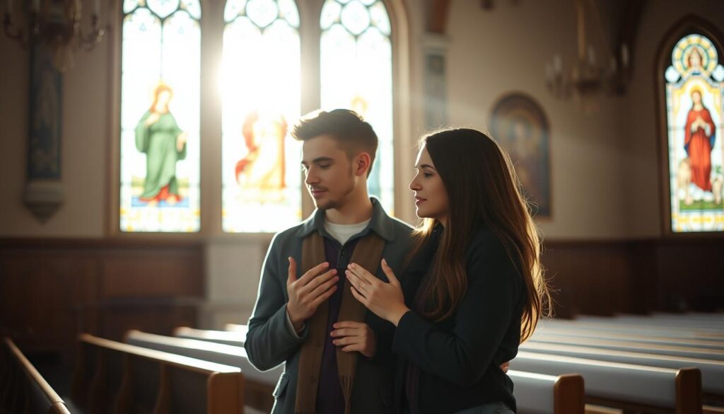 Młoda para modląca się do patrona miłości i szczęścia w kościele