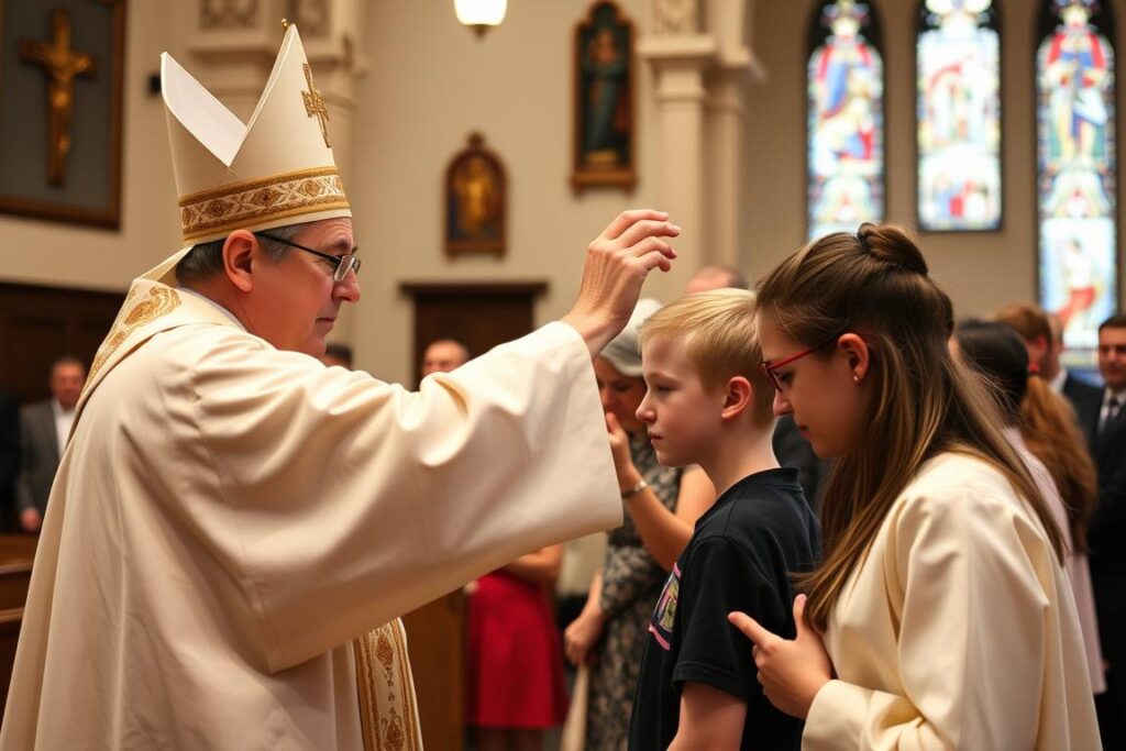 Młodzież podczas ceremonii bierzmowania przyjmująca imiona do bierzmowania