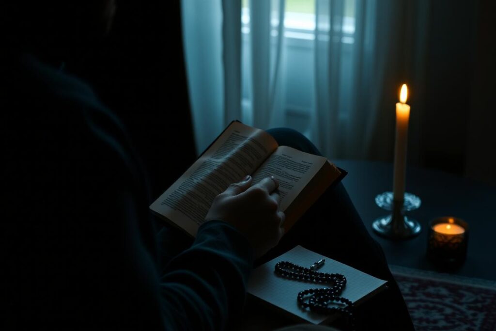 Osoba czytająca Pismo Święte i przygotowująca się do rachunku sumienia Osoba czytająca Pismo Święte i przygotowująca się do rachunku sumienia