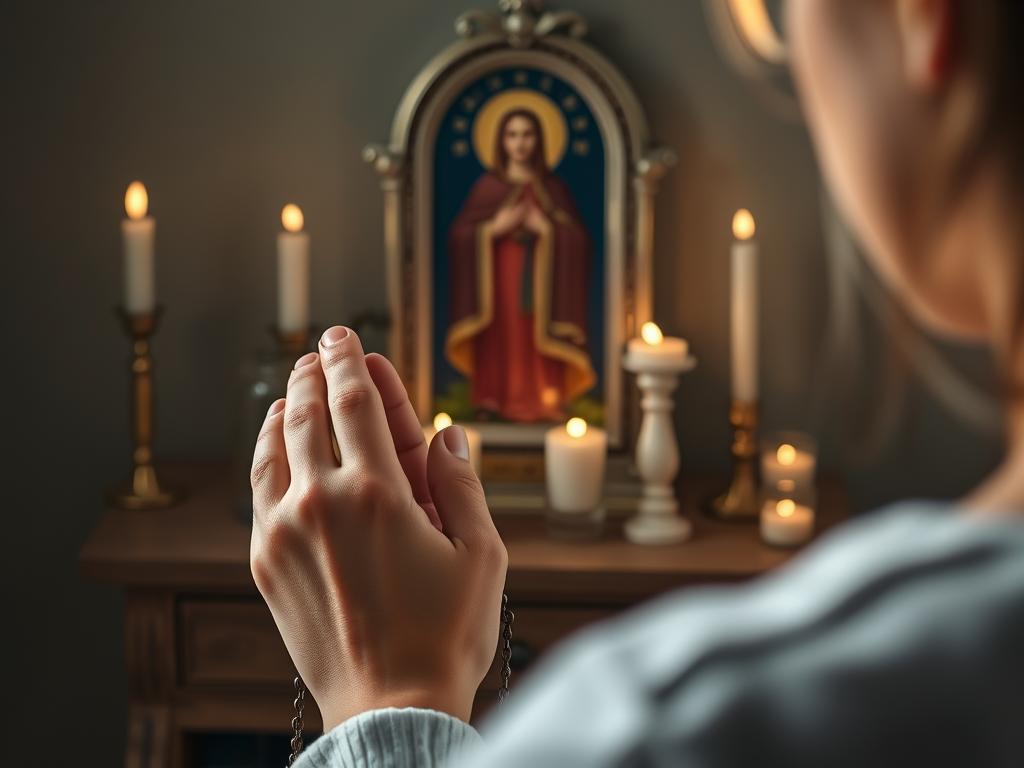 Osoba modląca się do patrona miłości i szczęścia z różańcem w dłoniach