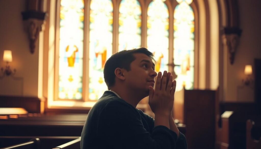 Osoba modląca się w kościele po spowiedzi Osoba modląca się w kościele po spowiedzi