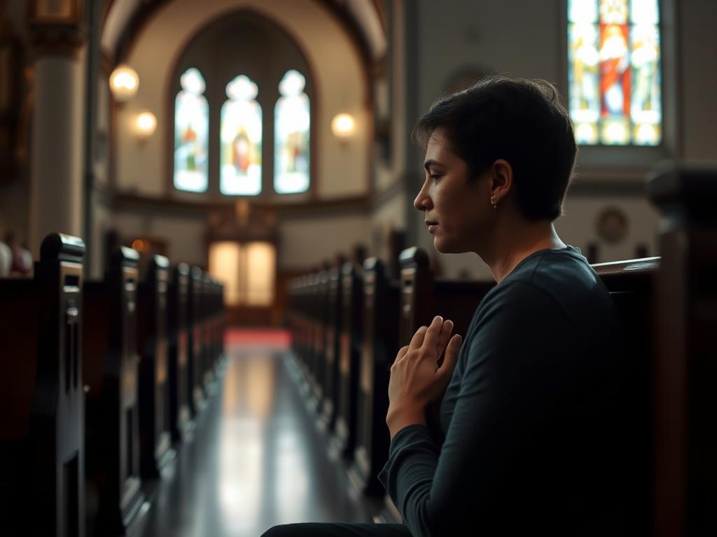 Osoba modląca się w kościele przed Mszą Świętą Osoba modląca się w kościele przed Mszą Świętą