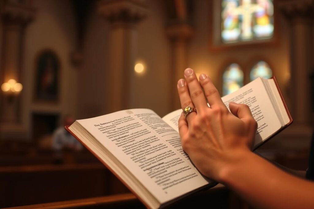 Osoba modląca się z modlitewnikiem w kościele Osoba modląca się z modlitewnikiem w kościele