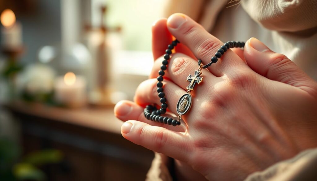 Osoba modląca się z różańcem do patronki chorych i cierpiących