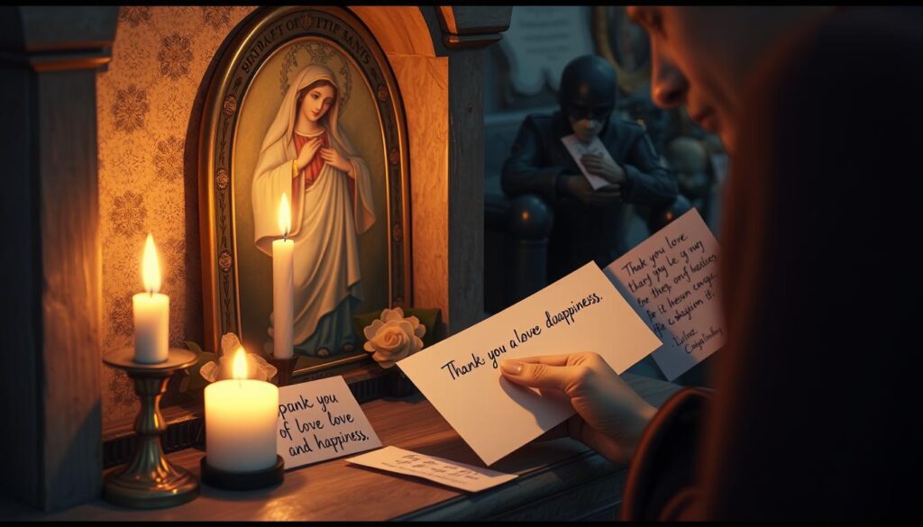 Osoba składająca podziękowanie za wysłuchaną modlitwę do patrona miłości i szczęścia