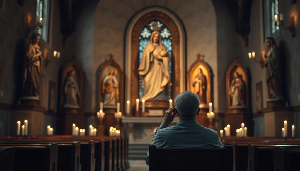 Osoba w modlitewnej zadumie przed obrazami różnych patronów miłości i szczęścia