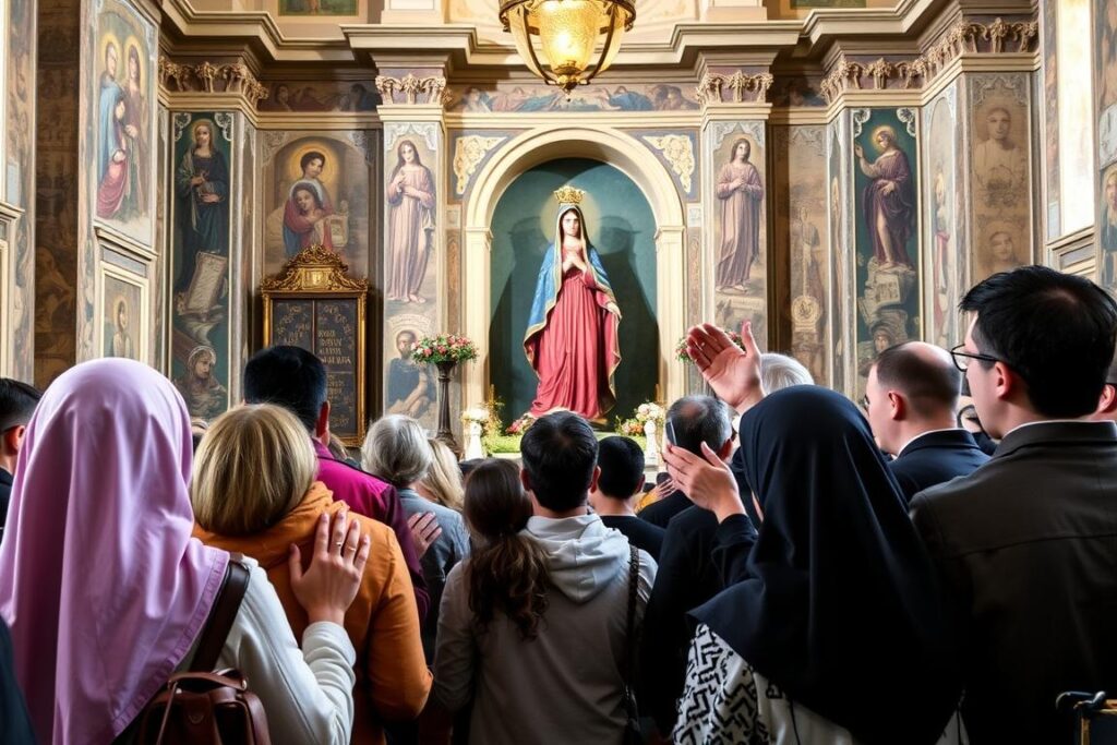 Pielgrzymi modlący się przed obrazem Matki Bożej Różańcowej w Pompejach Pielgrzymi modlący się przed obrazem Matki Bożej Różańcowej w Pompejach