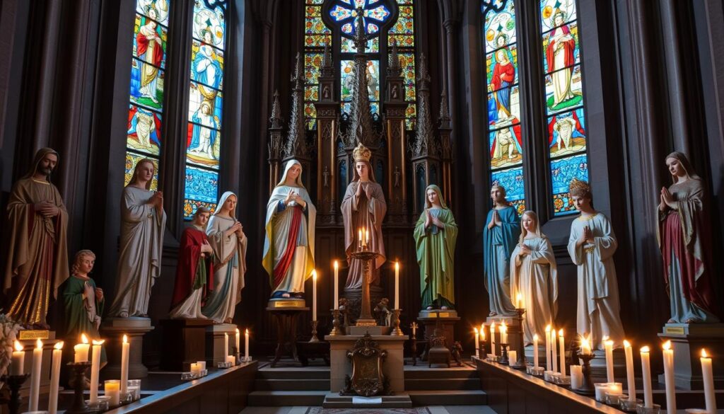 Różne wizerunki patronów chorych i cierpiących w sanktuarium