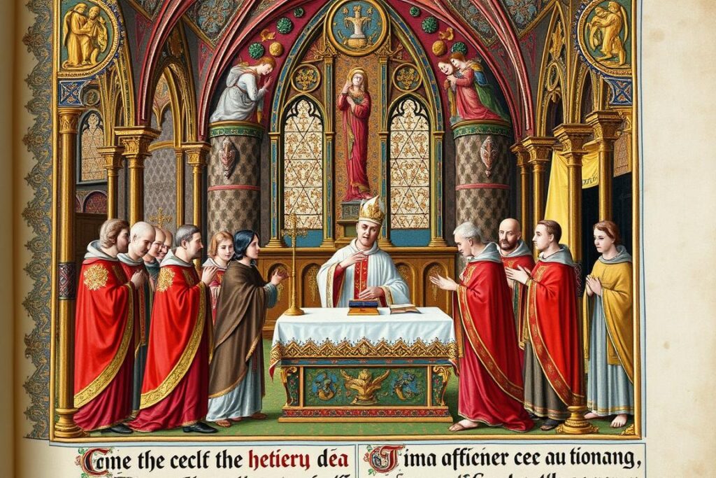 Średniowieczna iluminacja przedstawiająca celebrację Mszy Świętej Średniowieczna iluminacja przedstawiająca celebrację Mszy Świętej