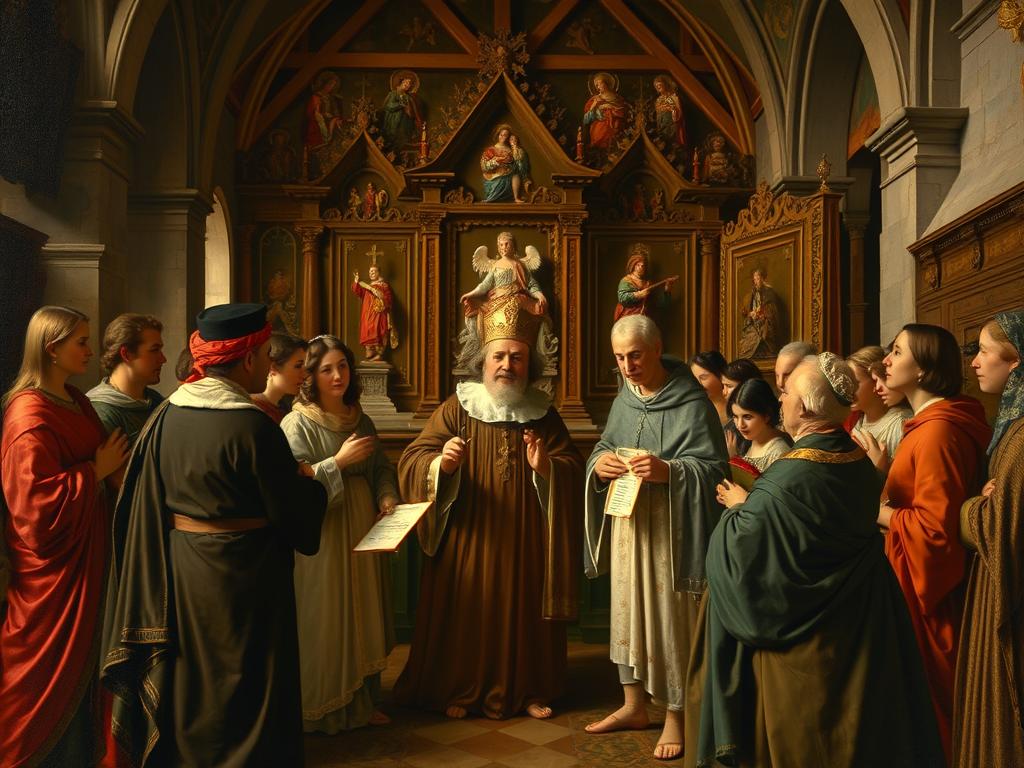 Średniowieczny obraz przedstawiający sprzedaż odpustów w XVI wieku