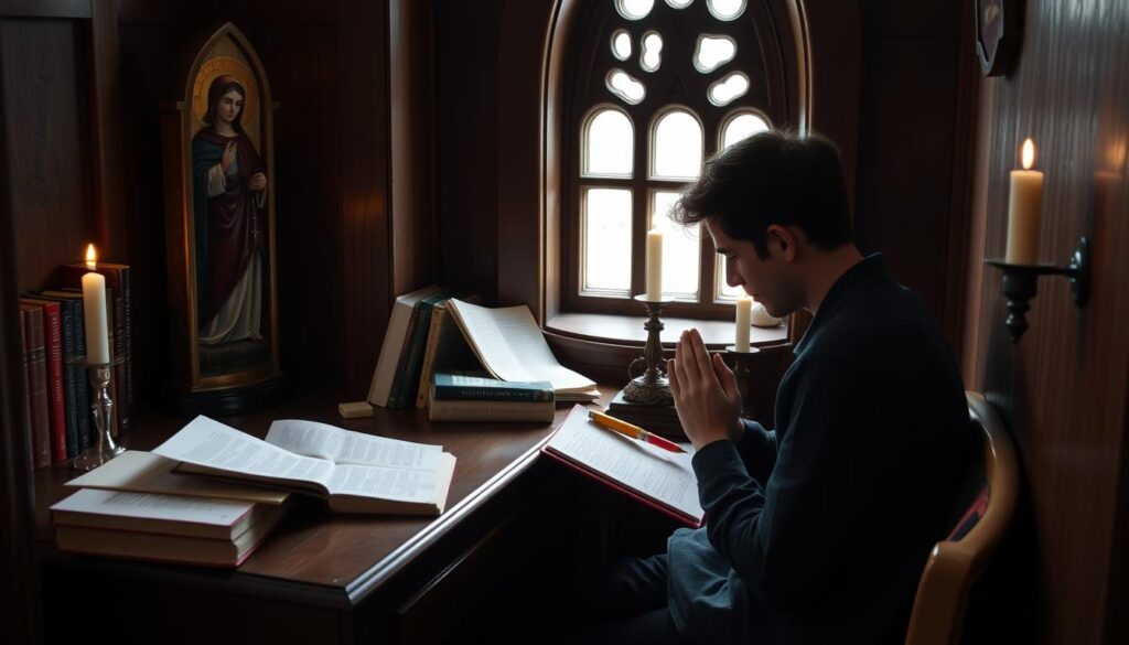 Student modlący się do patrona nauki modlitwą przed egzaminem