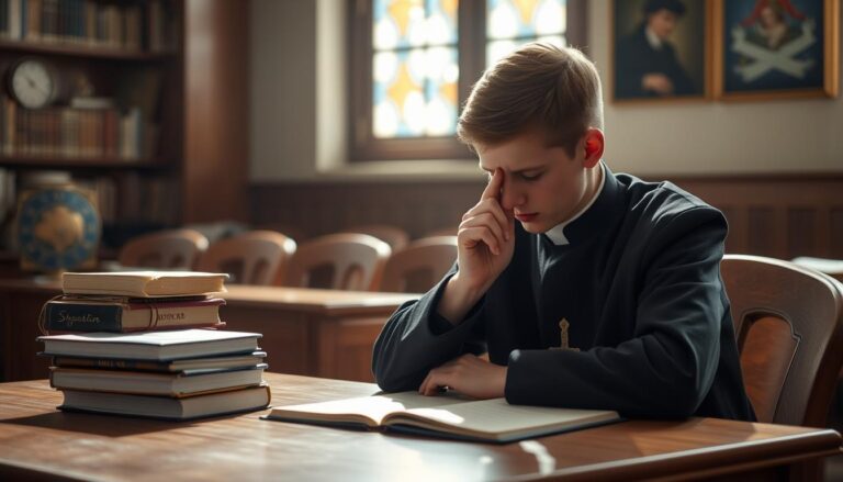 Student modlący się przed egzaminem, patron nauki modlitwą wspiera go duchowo