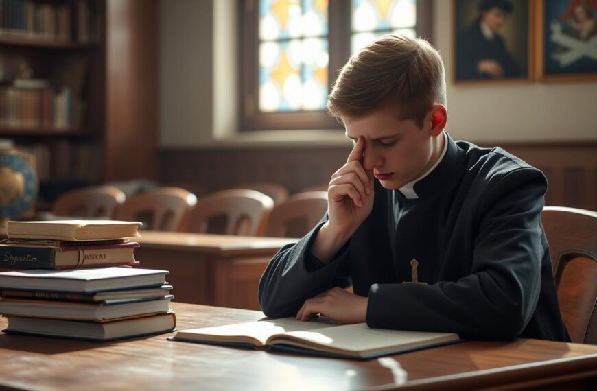 Student modlący się przed egzaminem, patron nauki modlitwą wspiera go duchowo