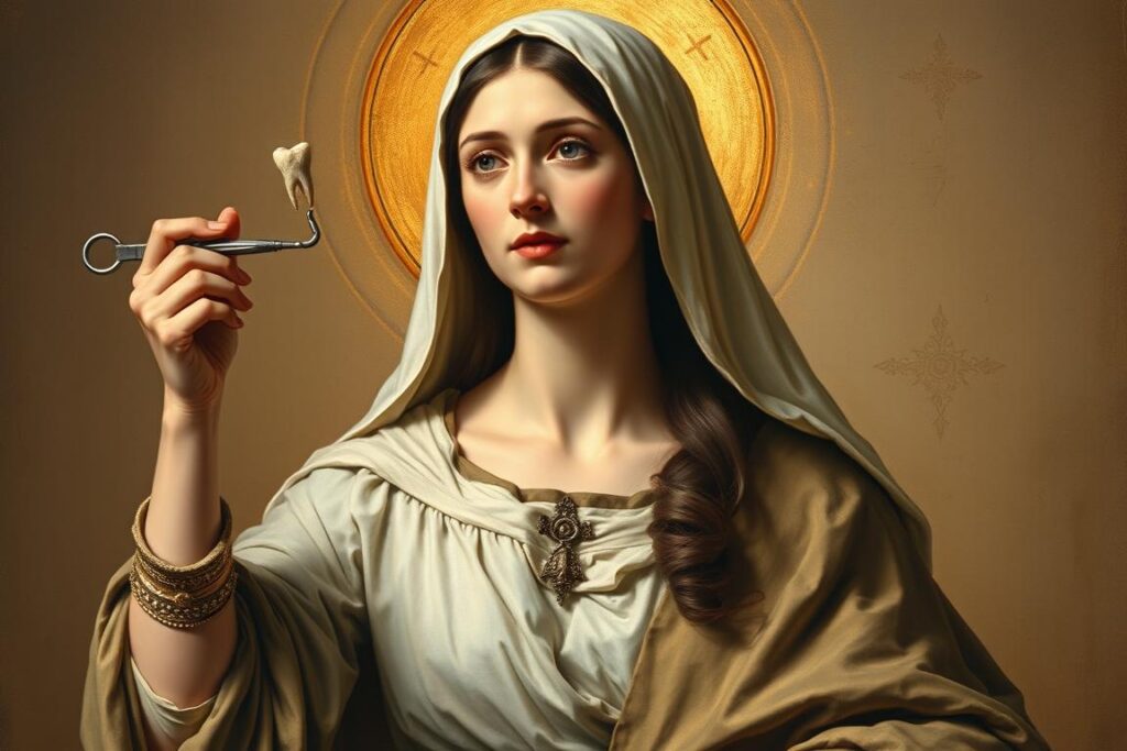 Święta Apolonia - patronka chorych i cierpiących na ból zębów z kleszczami dentystycznymi