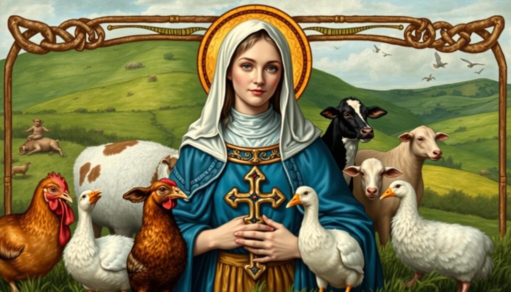 Święta Brygida Irlandzka - patronka zwierząt gospodarskich z krową i ptactwem