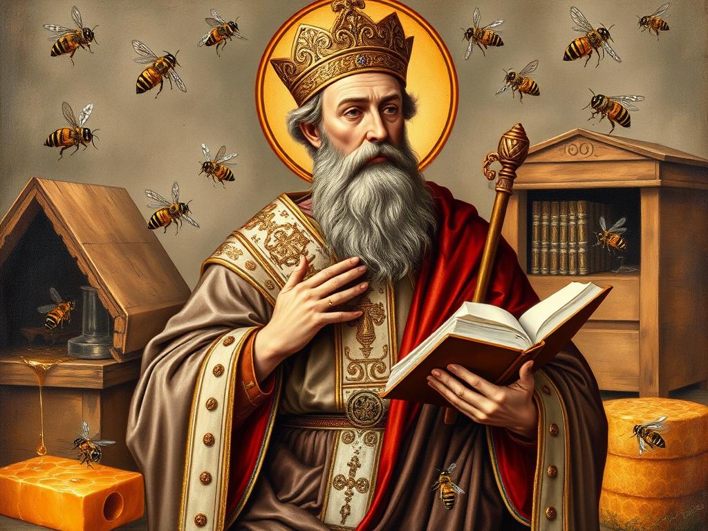 Święty Ambroży - patron pszczelarzy z atrybutami pszczelimi