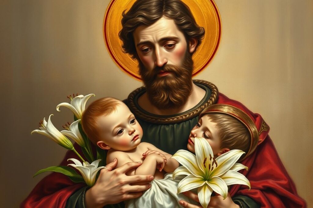 Święty Antoni Padewski trzymający Dzieciątko Jezus, patron miłości i szczęścia małżeńskiego