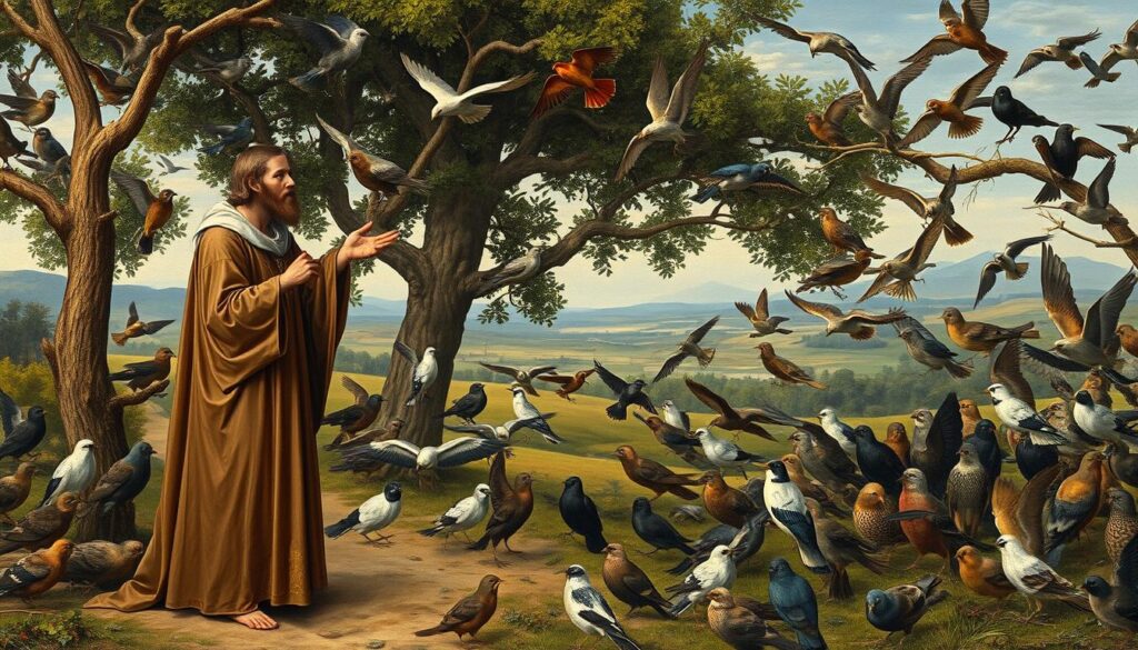 Święty Franciszek głoszący kazanie do ptaków - znana scena z życia świętego od zwierząt