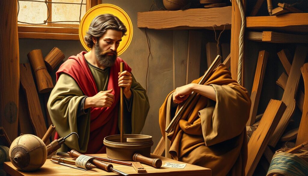 Święty Józef jako patron szukających pracy, pracujący w warsztacie stolarskim