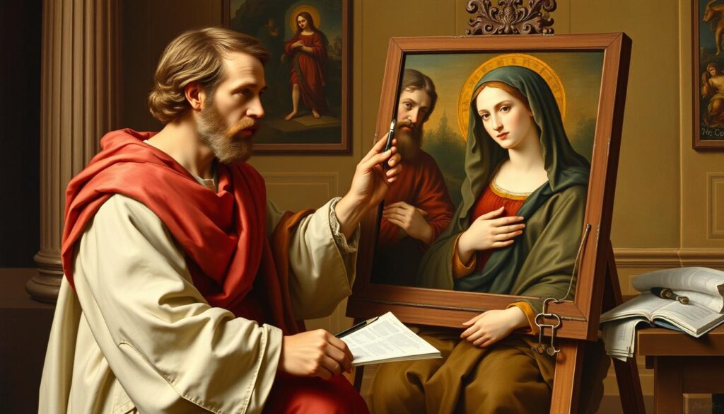 Święty Łukasz Ewangelista - patron lekarzy malujący portret Matki Bożej Święty Łukasz Ewangelista - patron lekarzy malujący portret Matki Bożej