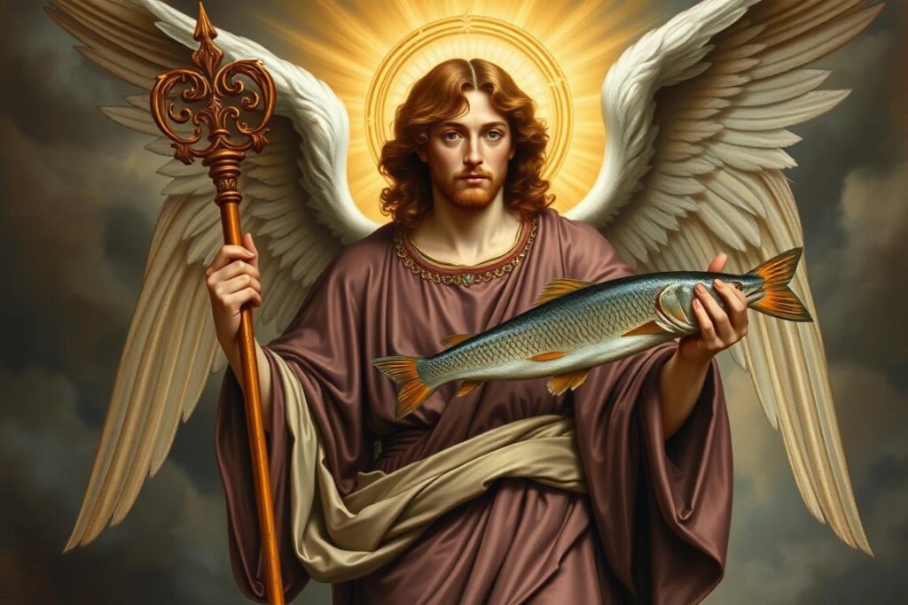 Święty Rafał Archanioł - patronka chorych i cierpiących z rybą i laską pielgrzyma