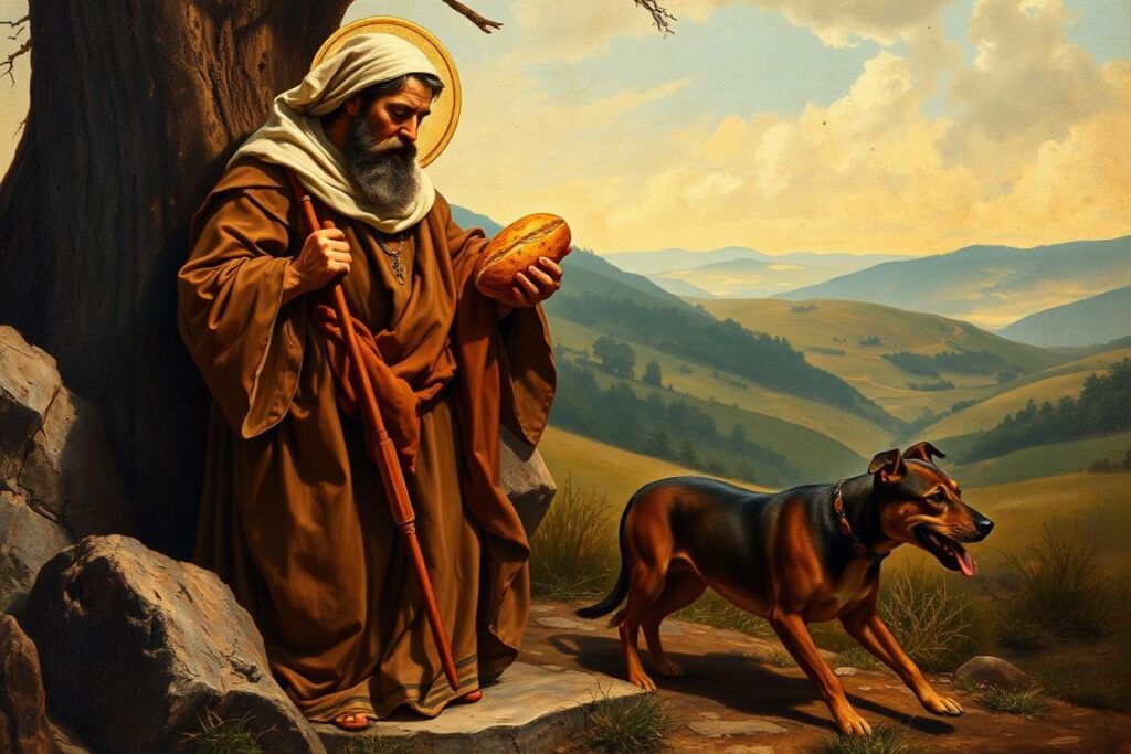 Święty Roch patron chorych z psem i raną na nodze