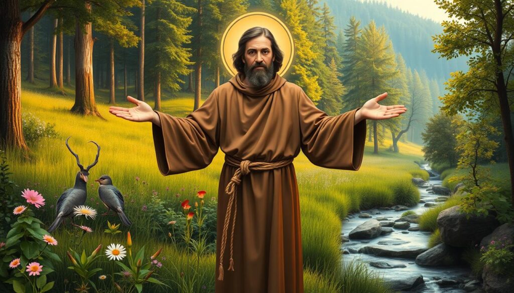 Święty od zwierząt - św. Franciszek jako patron ekologów, w otoczeniu przyrody