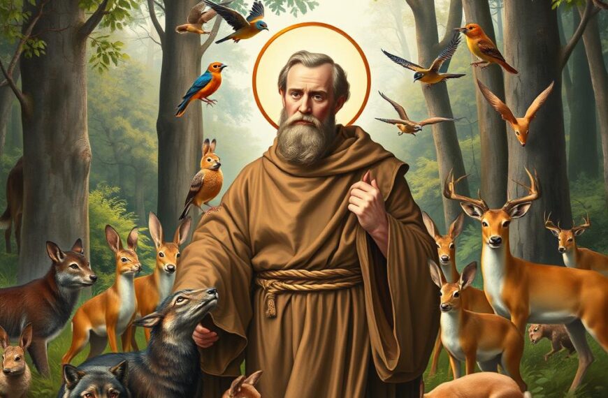 Święty od zwierząt - św. Franciszek z Asyżu otoczony zwierzętami