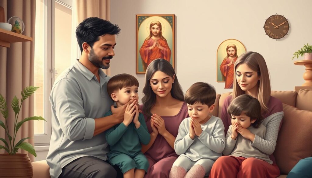 Szczęśliwa rodzina modląca się do patrona miłości i szczęścia rodzinnego