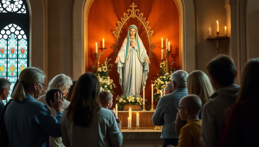Wierni modlący się przed figurą Matki Bożej w sanktuarium maryjnym Wierni modlący się przed figurą Matki Bożej w sanktuarium maryjnym