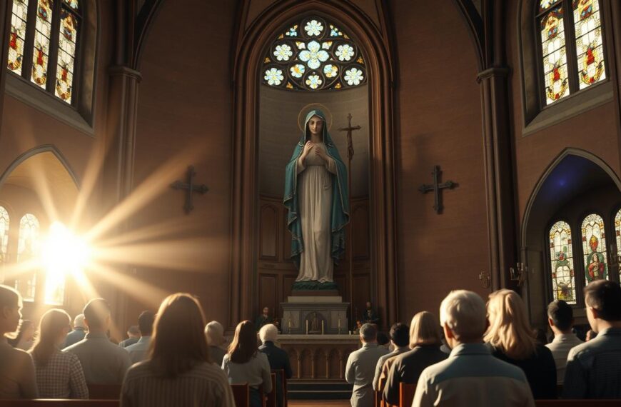 Wierni modlący się przed figurą patronki chorych i cierpiących w sanktuarium