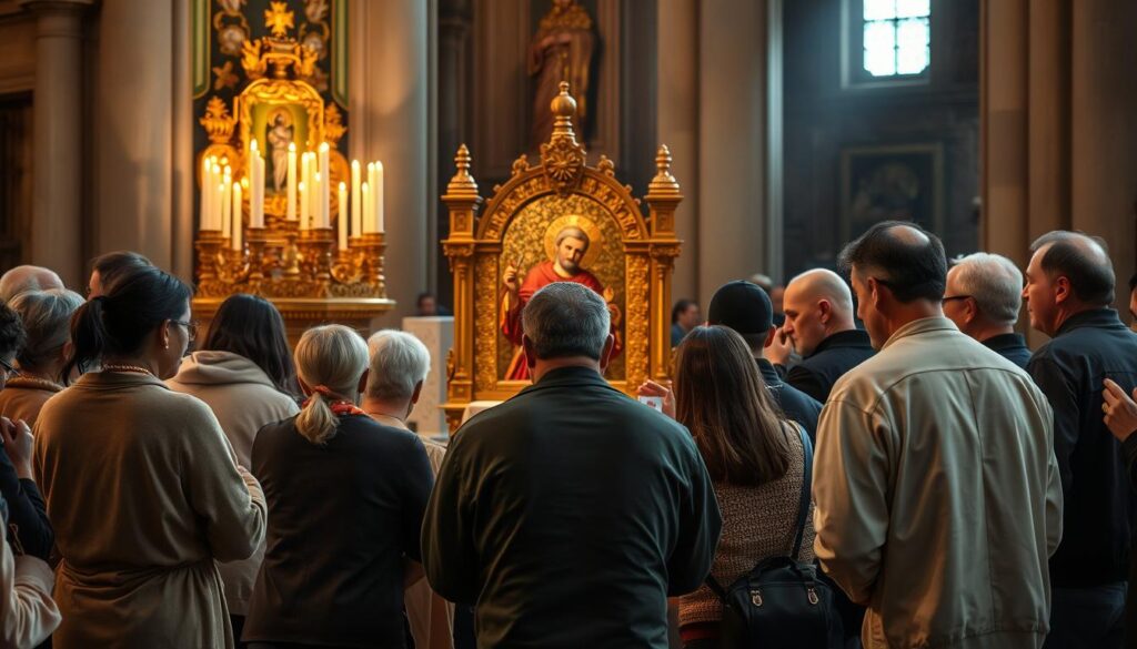 Wierni modlący się przy relikwiach świętego o uzdrowienie Wierni modlący się przy relikwiach świętego o uzdrowienie