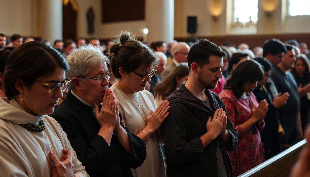 Wierni w głębokim skupieniu podczas Eucharystii Wierni w głębokim skupieniu podczas Eucharystii