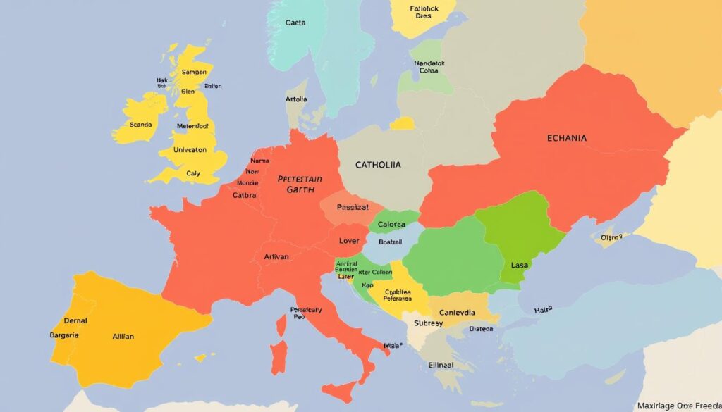 Współczesna mapa Europy pokazująca dominujące wyznania chrześcijańskie w różnych regionach