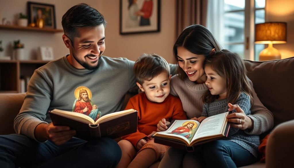 Współczesna rodzina czytająca opisy życia świętych Współczesna rodzina czytająca opisy życia świętych